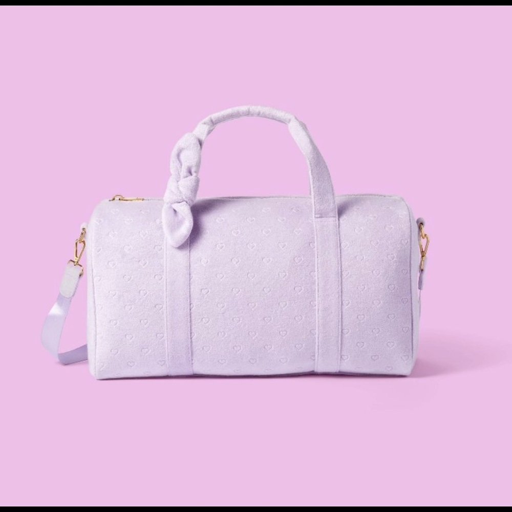 STONEY CLOVER LANE X Target Light Purple Terry Cloth Mini Hearts Duffle Bag NWT